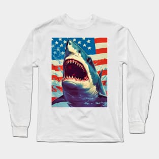 American Flag Patriotism and Freedom Great White Shark Long Sleeve T-Shirt